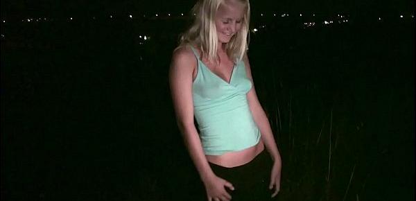  Young cute blonde teen girl is going to the dogging location for public sex orgy